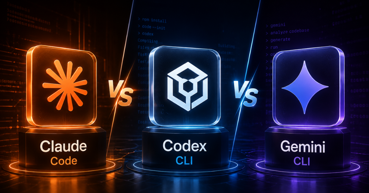 An editorial comparison graphic showing Claude Code, Codex CLI, and Gemini CLI as three competing approaches to AI-assisted software development in the terminal.