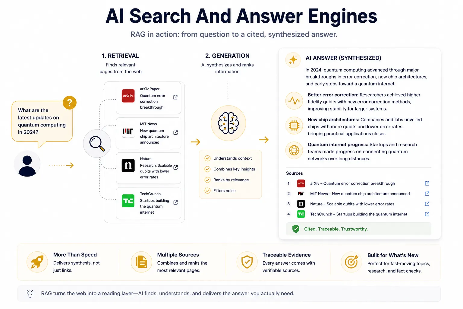 Diagram of an AI search and answer engine showing retrieval and cited response flow.