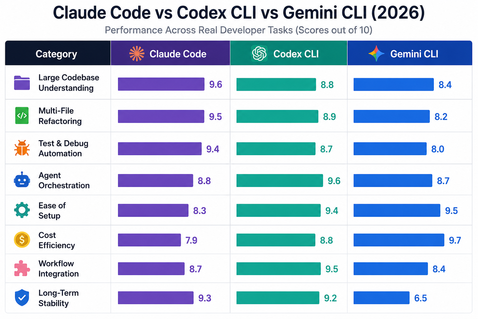 Claude Code vs Codex CLI vs Gemini CLI 2026 performance across real developer tasks.