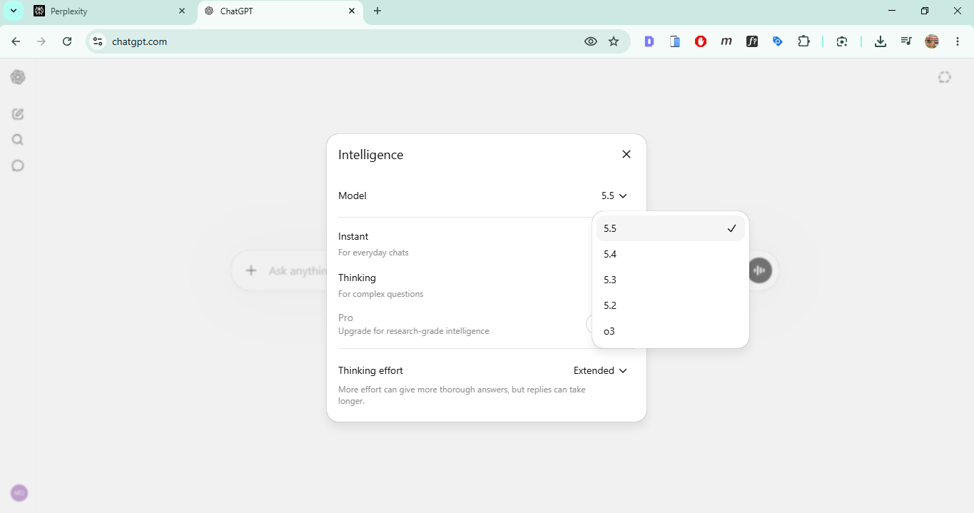 Screenshot of ChatGPT Plus model options inside the ChatGPT interface.