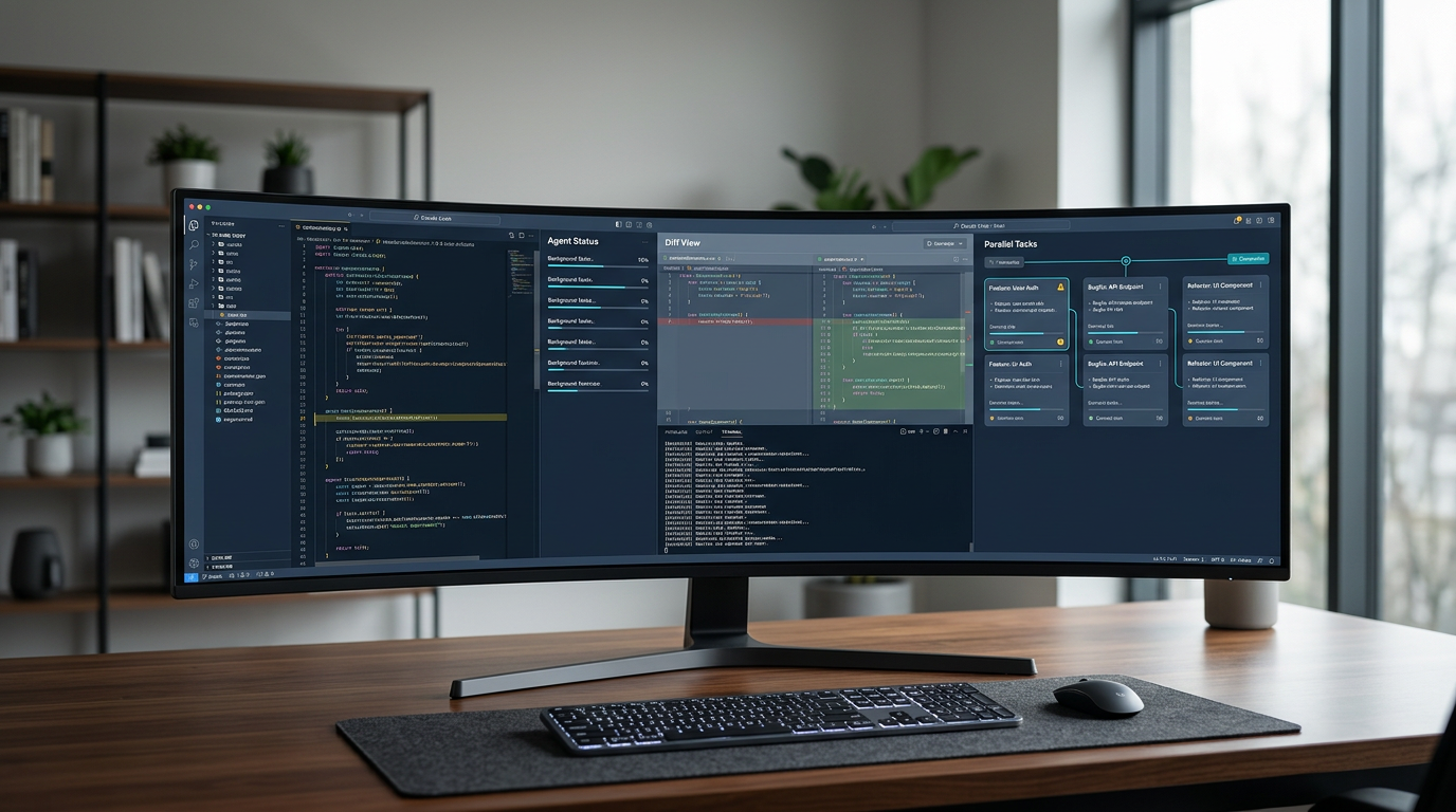 An editorial illustration representing Anthropic's redesigned Claude Code desktop app, built around parallel agent sessions and a more flexible coding workspace.