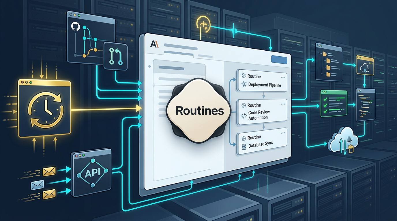 An editorial illustration representing Anthropic's new Claude Code Routines feature, which turns recurring engineering tasks into scheduled and event- driven automations.