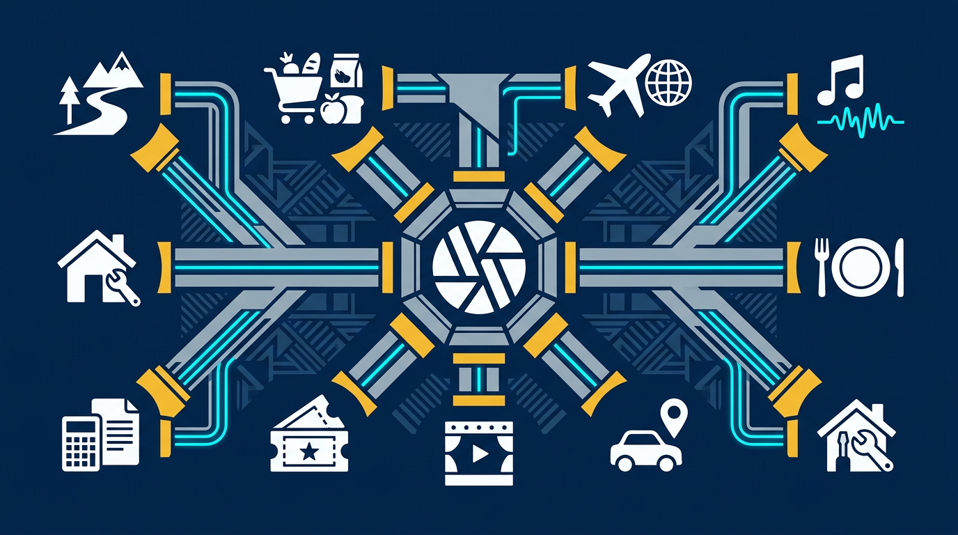 An editorial illustration of Claude connectors reaching everyday consumer services for travel, groceries, entertainment, reservations, and personal tasks.