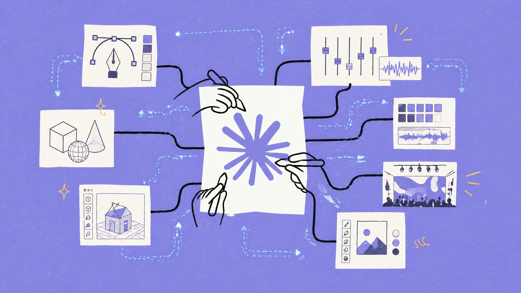 An editorial illustration of Claude linking creative tools across design, 3D, audio, and live visual production workflows.