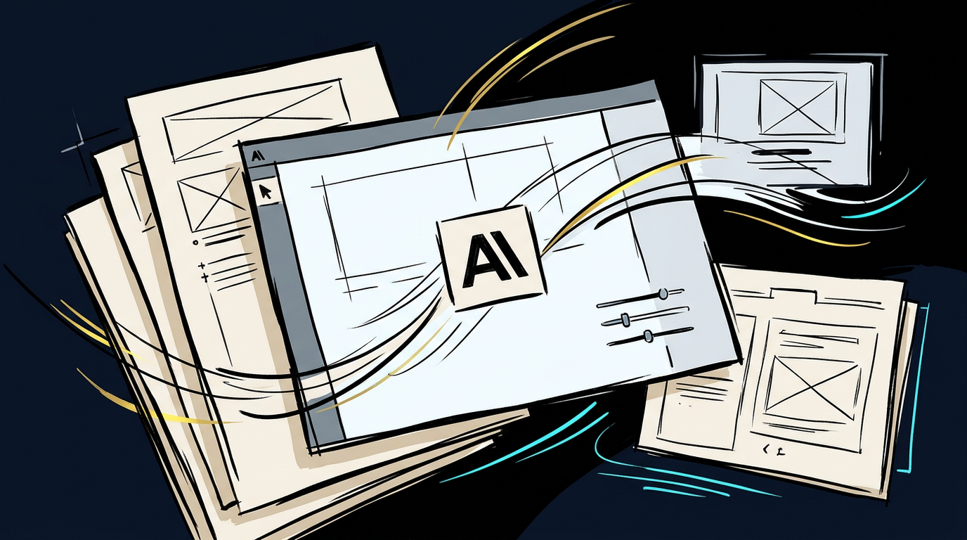 An editorial illustration in an Anthropic-inspired sketch style representing Claude Design as a new visual workspace for prototypes, presentations, and brand-aware creative production.