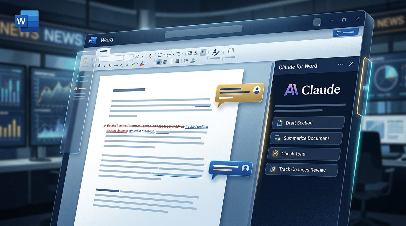 An editorial-style illustration of Anthropic's Claude for Word beta bringing tracked AI edits and document review workflows directly into Microsoft Word.