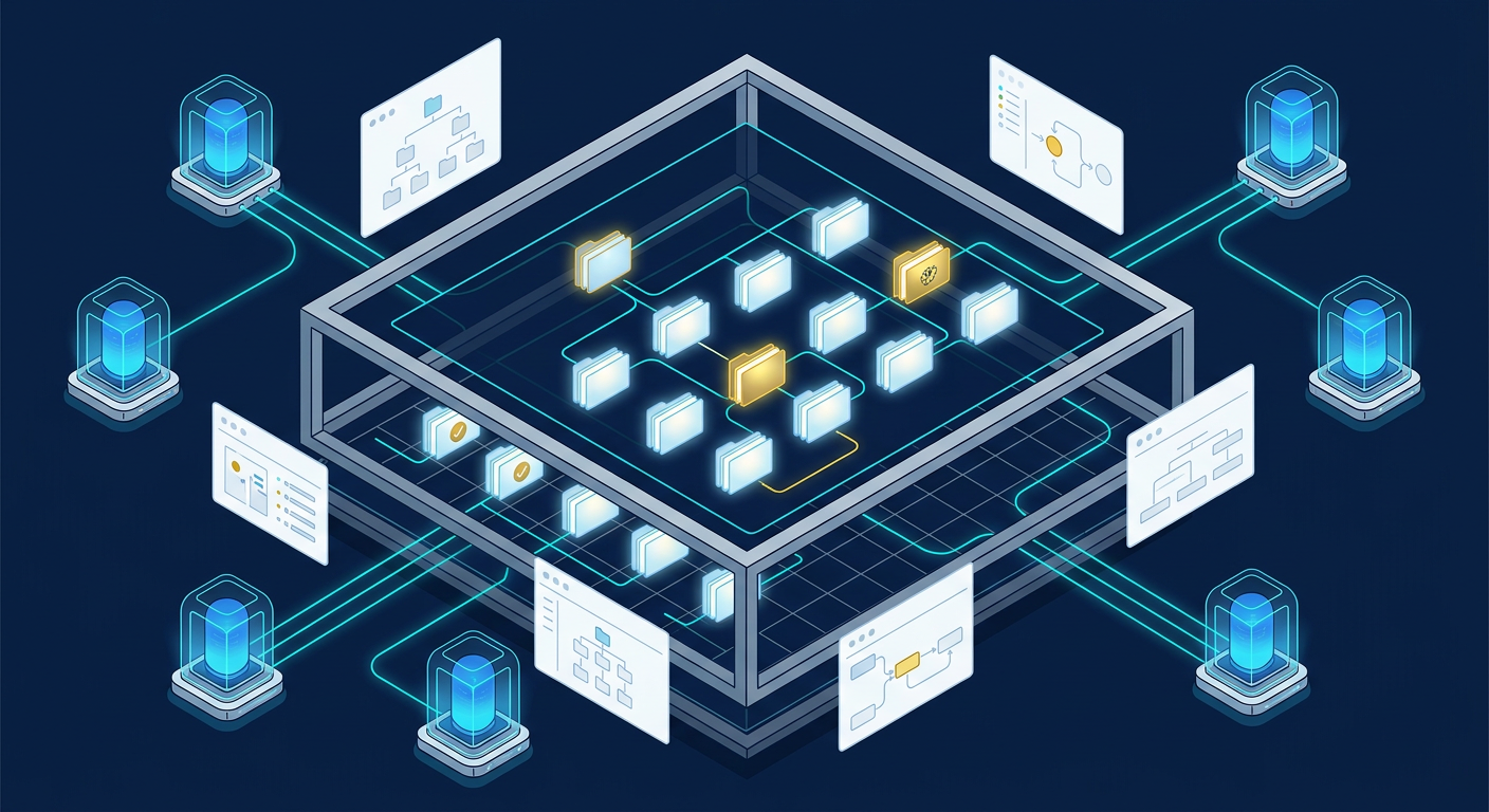 An editorial illustration of Claude Managed Agents using persistent memory files to carry lessons across long-running enterprise workflows.