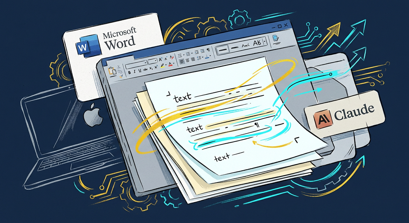 An editorial-style illustration of Claude for Word expanding to Pro and Max plans with Mac support and Claude Opus 4.7 inside Microsoft Word.