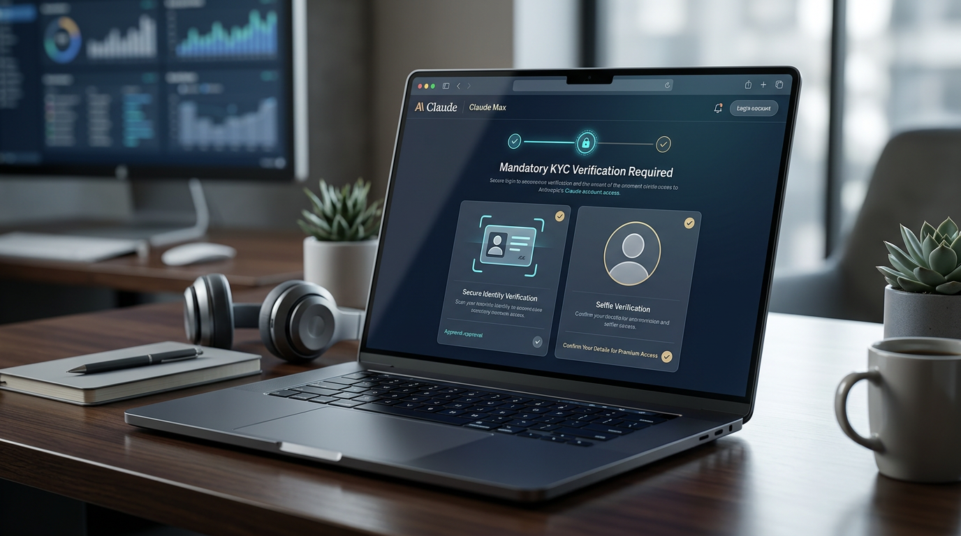 An editorial illustration representing reported KYC verification checks for some Anthropic Claude Max users.