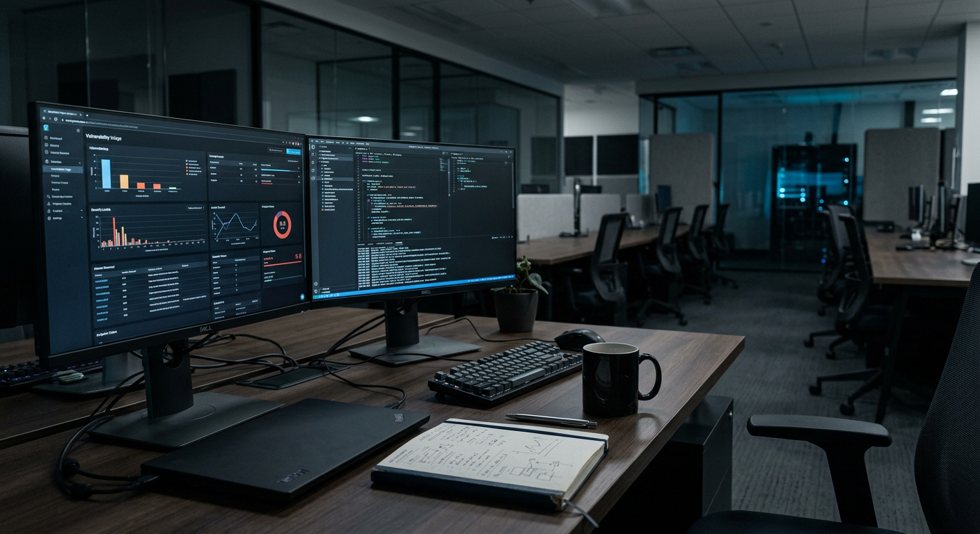 A realistic editorial-style depiction of enterprise cybersecurity teams using AI-assisted tools to investigate vulnerabilities in critical software infrastructure.