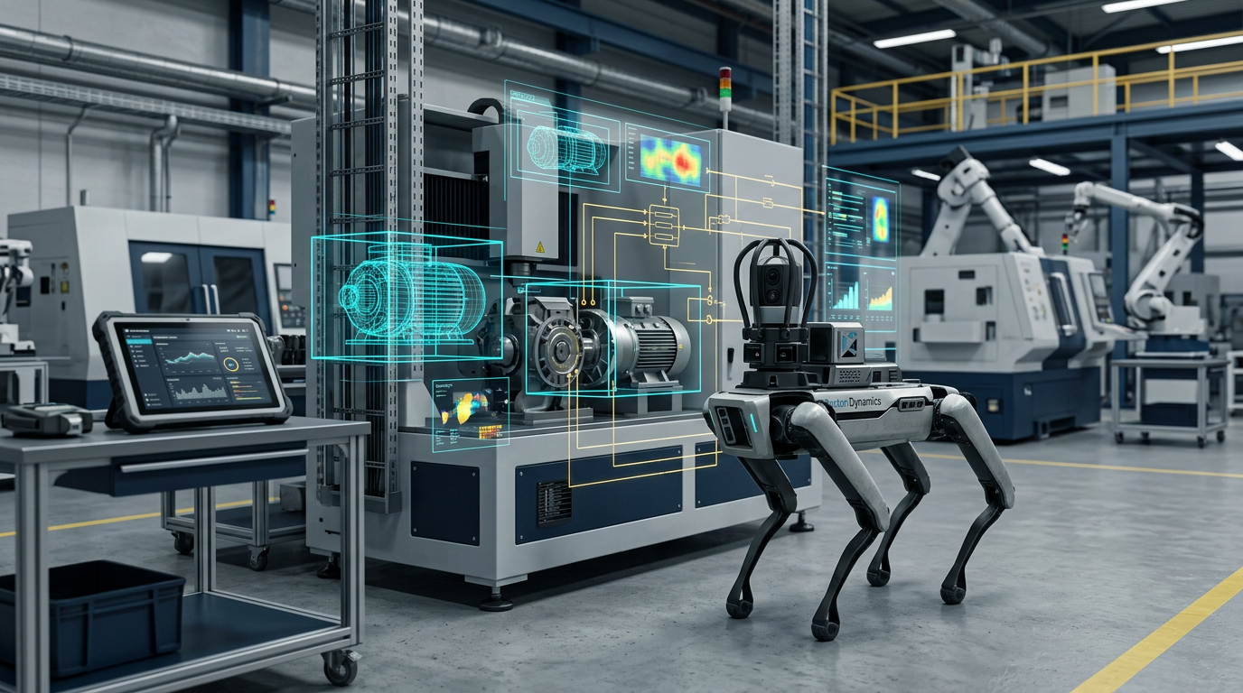 An editorial illustration representing Boston Dynamics and Google DeepMind bringing Gemini-powered reasoning and visual inspection capabilities into industrial robotics.