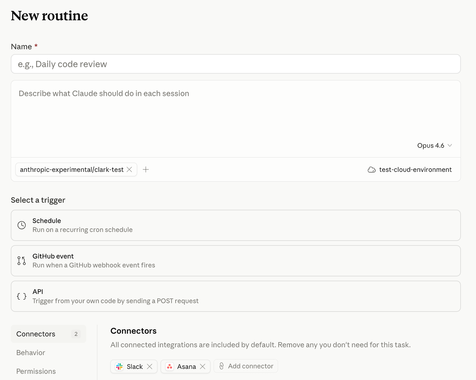 Claude Code Routines setup screen from Anthropic's official source.