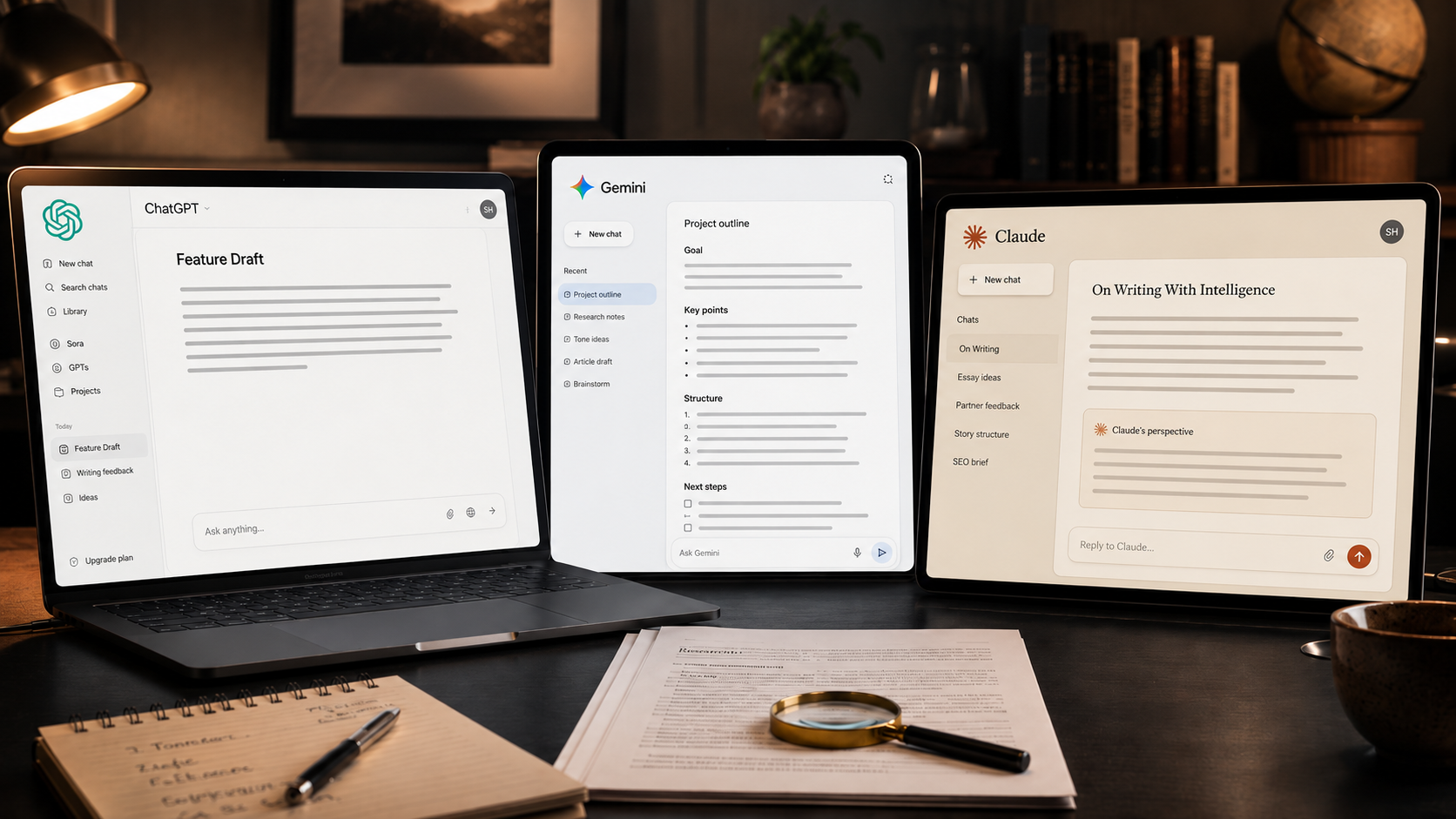 Claude, Gemini, and ChatGPT compared as AI writing assistants for a newsroom article workflow.