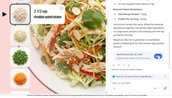 Google Chrome Skills screenshot showing saved Gemini workflows in the browser.