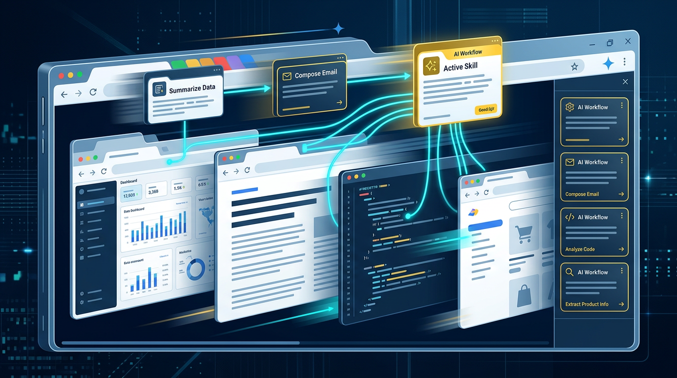 An editorial illustration representing Google's new Gemini Skills in Chrome, where saved AI workflows can be reused across web pages with a single action.