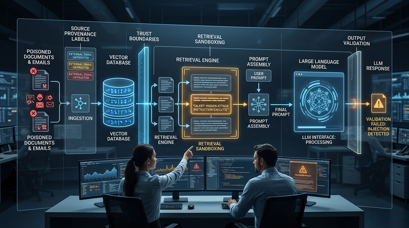 A technical flow diagram showing how indirect prompt injection moves through a retrieval-augmented generation pipeline from poisoned content to model instruction override.