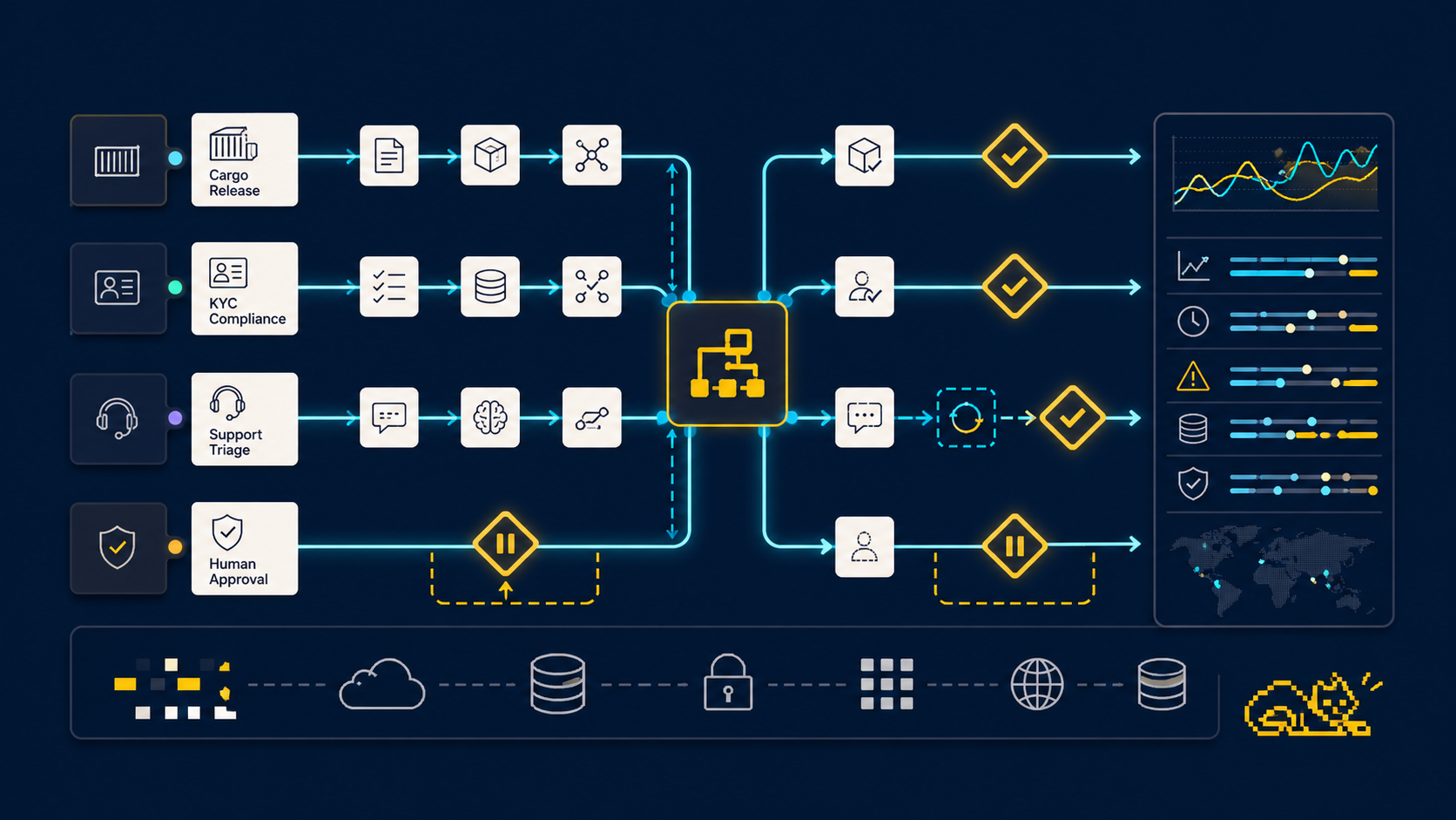 An editorial illustration of Mistral Workflows orchestrating durable, auditable enterprise AI processes across business systems.
