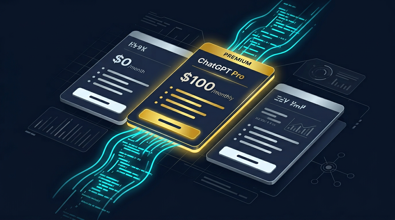 An abstract editorial illustration representing OpenAI's new $100 ChatGPT Pro tier and its positioning around higher Codex usage for developers.