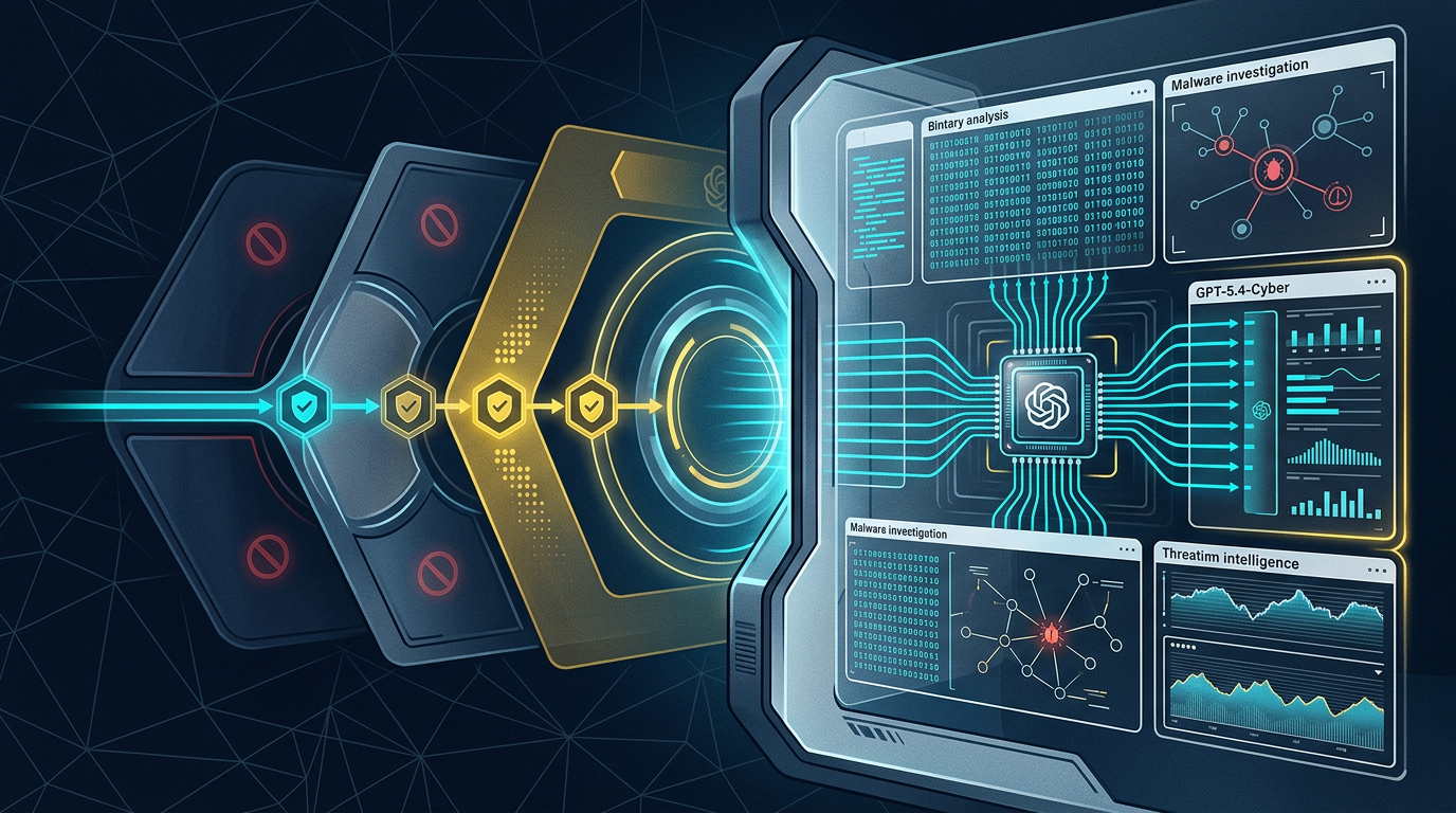 An editorial illustration representing OpenAI's expansion of Trusted Access for Cyber and the launch of GPT-5.4-Cyber for verified defenders.