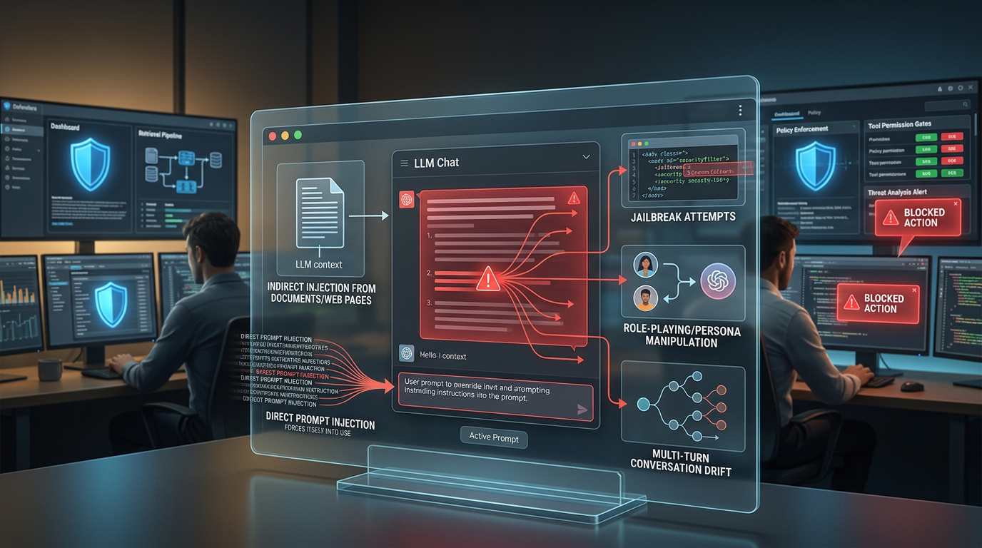 A cinematic editorial-style illustration of an enterprise AI security operations center tracking multiple prompt injection attack paths against a deployed LLM application.
