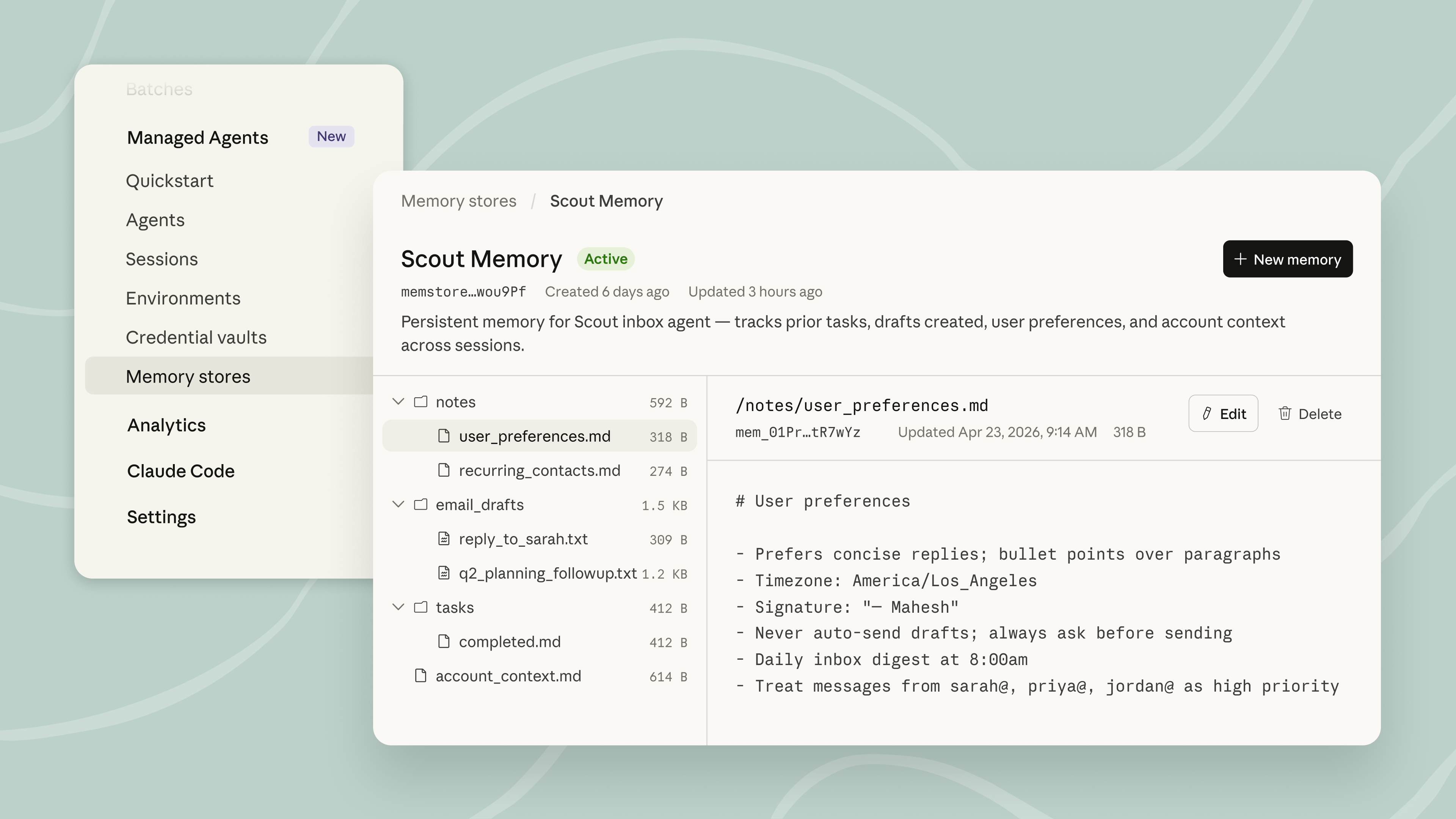 Claude Managed Agents memory interface showing memory stores and agent session activity