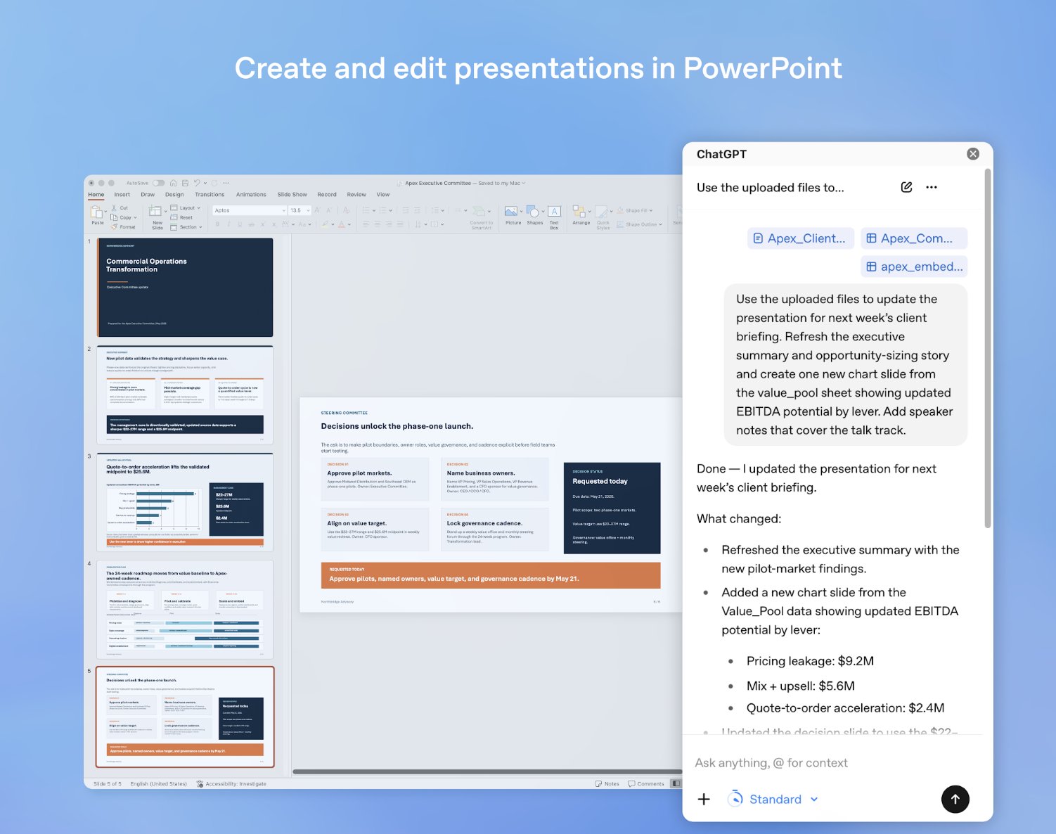 Screenshot of ChatGPT assisting inside PowerPoint with presentation updates and source material.