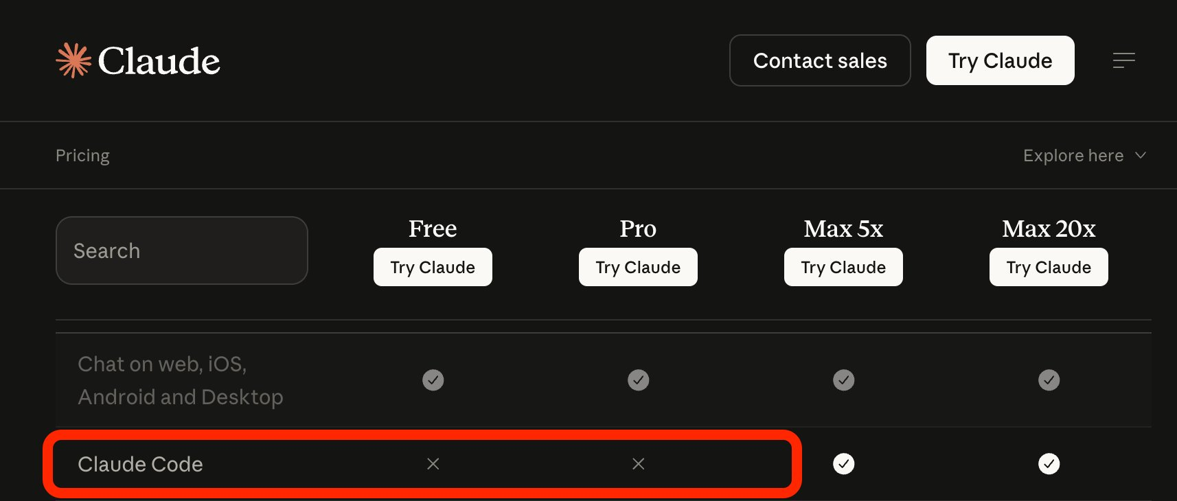 Screenshot of Anthropic's pricing page showing Claude Code excluded from the Pro plan while remaining available on Max tiers.