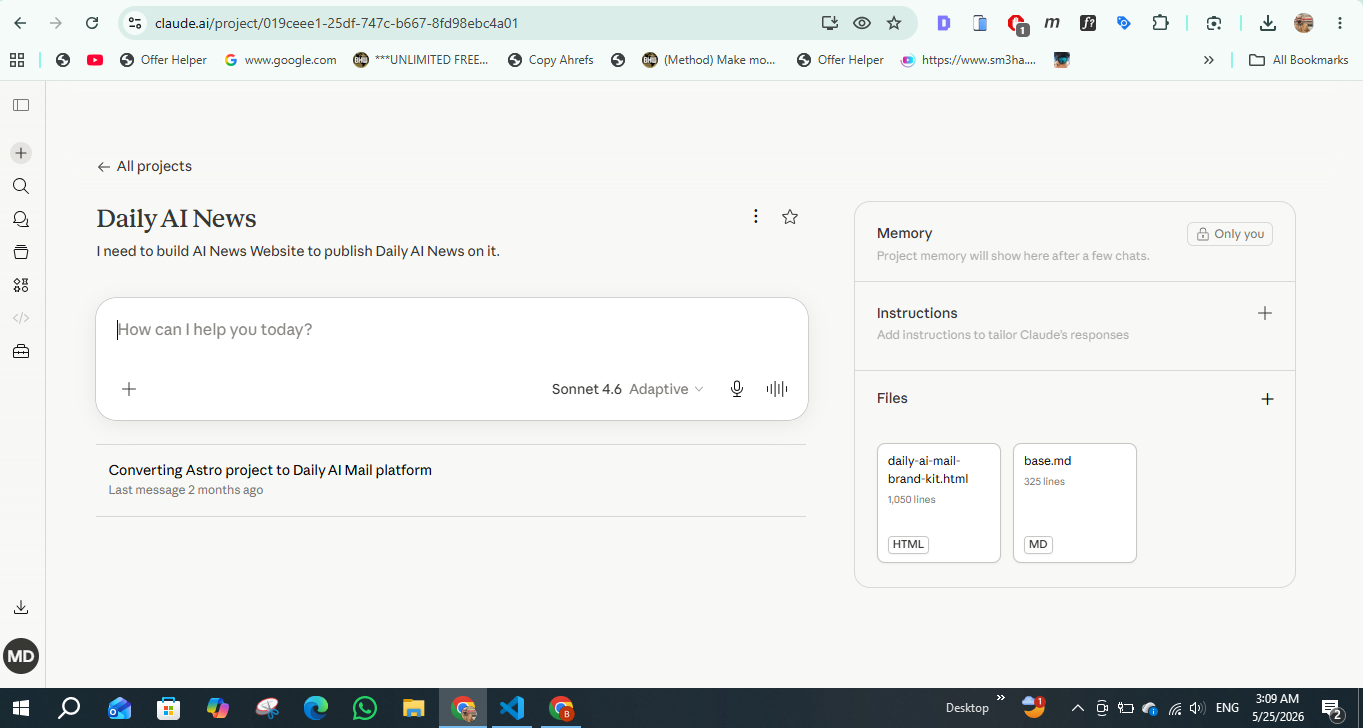 Screenshot of Claude Project settings for Daily AI Mail with project knowledge and instructions controls.