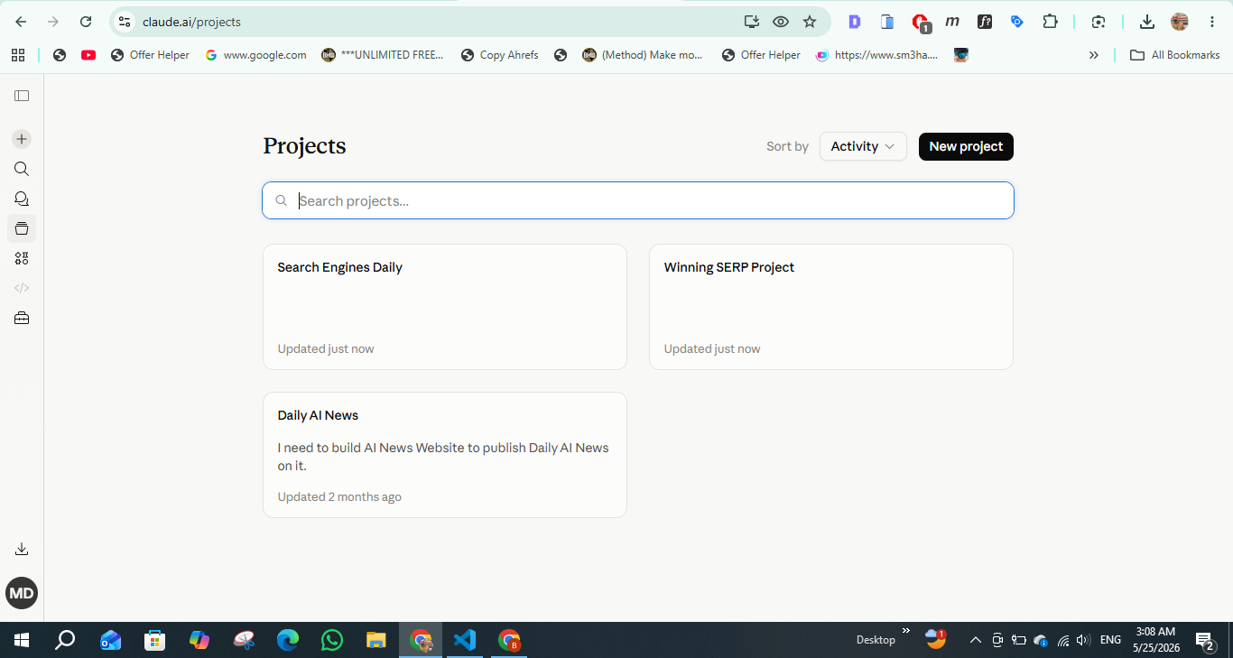 Screenshot of the Claude Projects dashboard showing multiple project workspaces.