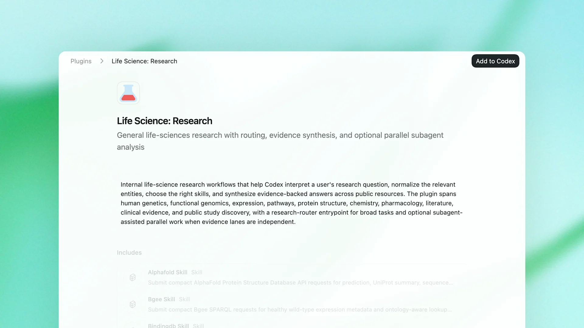 Screenshot of the Life Sciences Research Plugin interface and workflow tooling for Codex.