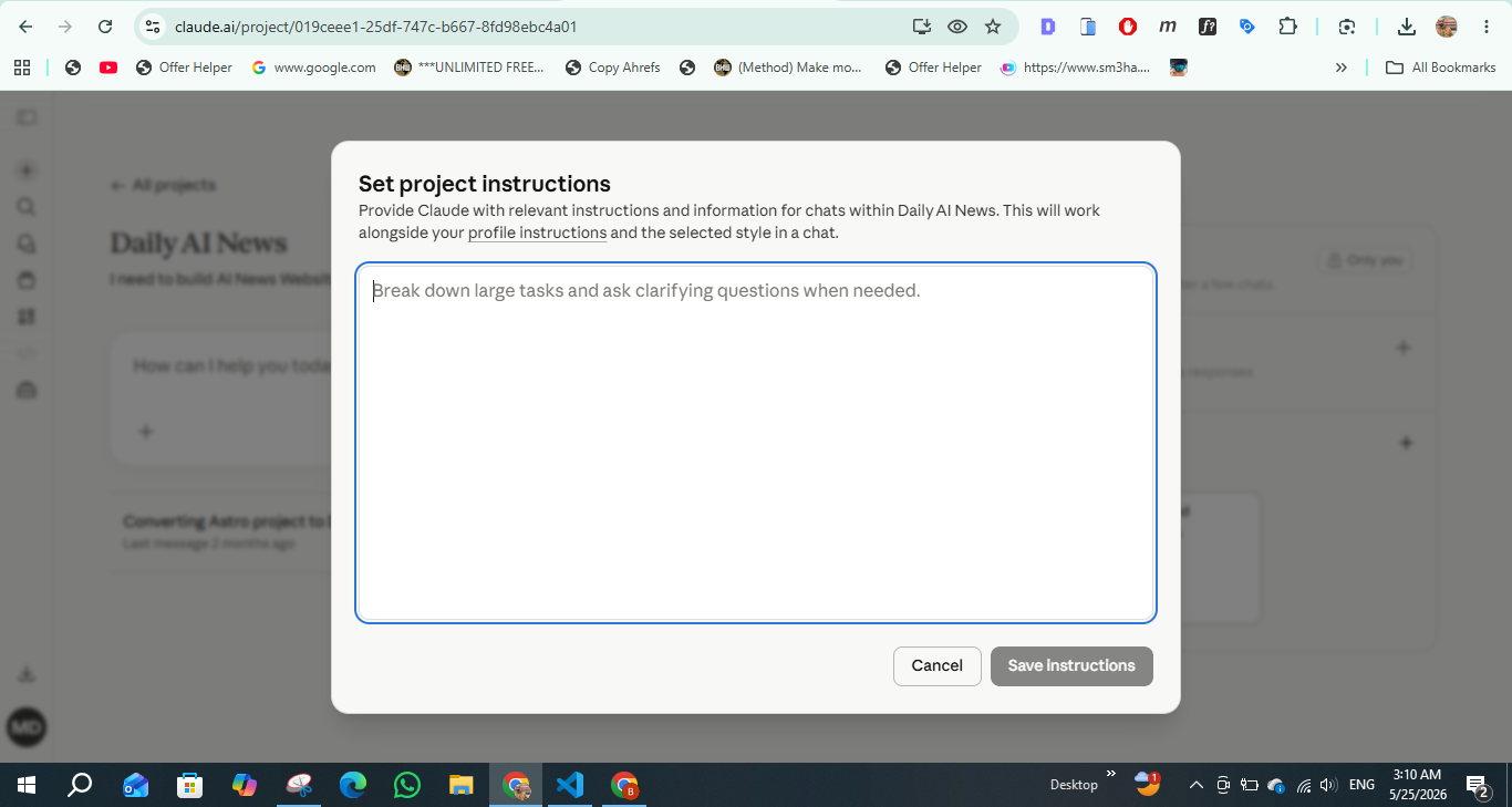 Screenshot of custom instructions settings in Claude Projects.