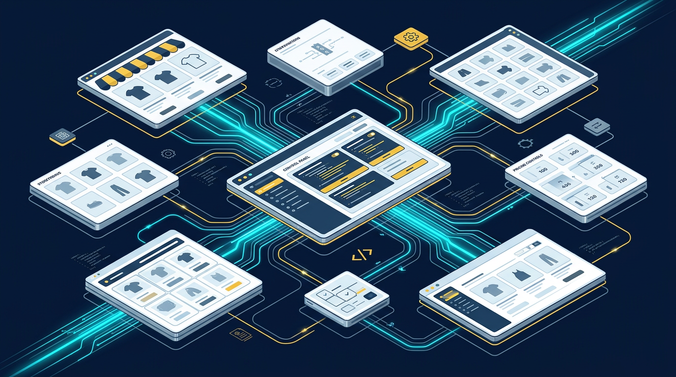 An abstract editorial illustration representing Shopify's AI Toolkit and the rise of AI agents handling commerce workflows inside online stores.